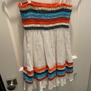 White, blue, and orange strapless beach cover up